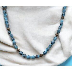 Vintage Blue Beaded Necklace Black Striped Bead Accents Boho Art Coastal Beach